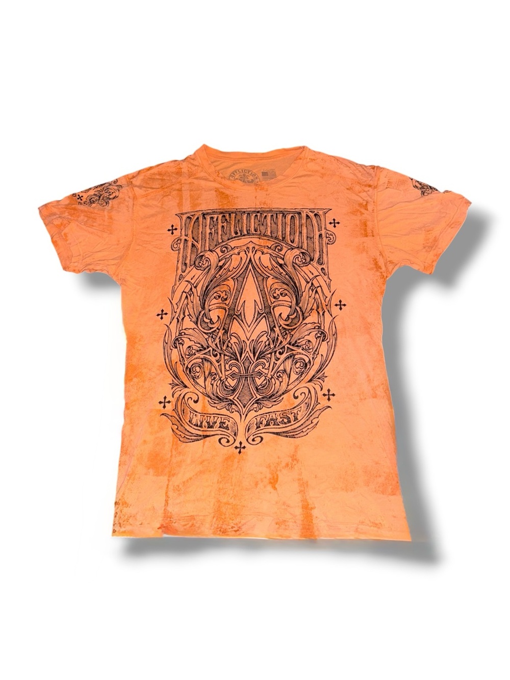 Affliction Orange Graphic Tee with Ornate Crest